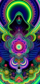 Psychedelic abstract mobile wallpaper with neon colors and mystical patterns.