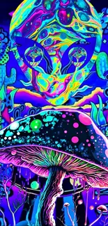 Psychedelic alien artwork with vibrant neon colors and mushroom design.