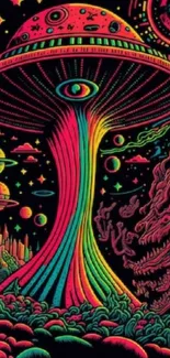 Colorful psychedelic alien art wallpaper with UFOs and planets.
