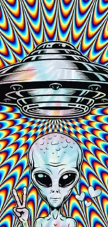 Psychedelic alien and UFO with colorful background.