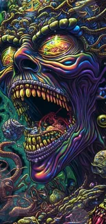 Psychedelic alien with cosmic elements and vibrant colors on mobile wallpaper.