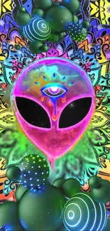 Psychedelic alien art with neon colors and cosmic design on mobile wallpaper.