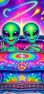 Vibrant aliens driving under a cosmic sky