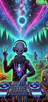 Colorful alien DJ in psychedelic forest setting with vibrant details.