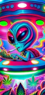 Psychedelic alien in UFO with neon colors and creative design.