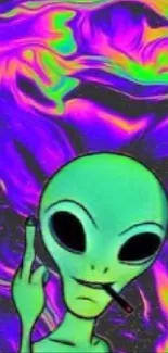 Psychedelic wallpaper featuring a smoking alien with vibrant neon colors.