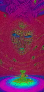 Psychedelic mobile wallpaper with vibrant colors and mystical face.