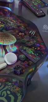 Psychedelic abstract art with mushrooms and colorful patterns.