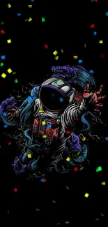 Psychedelic astronaut surrounded by colorful serpents on a black background.