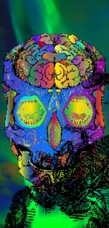 Psychedelic skull with vibrant brain design in green tones.