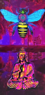 Psychedelic image of Buddha and colorful bee on a vibrant background.