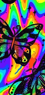 Colorful psychedelic butterfly art wallpaper with rainbow hues.