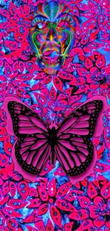 Psychedelic butterfly on pink abstract background.