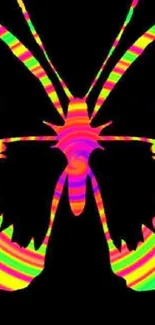 Psychedelic butterfly with neon colors on black background.