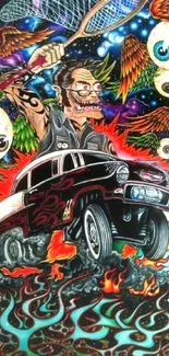 Psychedelic art wallpaper with car and surreal elements