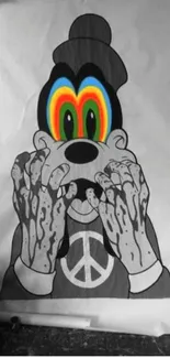 Psychedelic cartoon character with rainbow eyes.