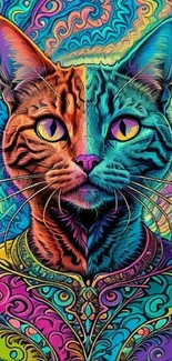 Psychedelic cat wallpaper with vibrant colors and detailed patterns.