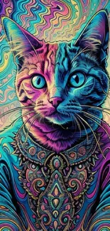 Vibrant psychedelic cat with neon patterns in colorful artistic design.