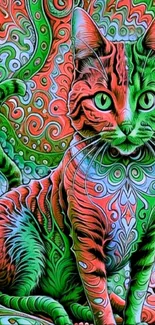 Psychedelic cat art wallpaper with vibrant green and red swirls.