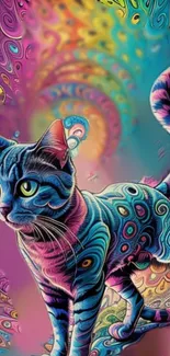 Psychedelic art cat with swirling rainbow colors.