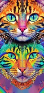 Psychedelic cat art with vibrant colors showcasing two feline portraits.