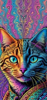 Psychedelic cat art with vibrant colors and abstract design.