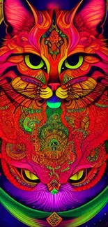 Vibrant psychedelic cat wallpaper with intricate neon designs and colors.