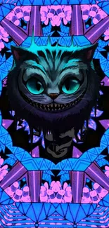 Psychedelic cat with geometric patterns in vivid blue and purple hues.