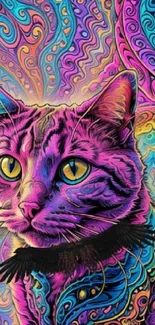 Psychedelic cat wallpaper with vibrant neon colors and intricate patterns.