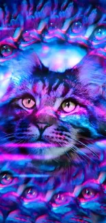 Hypnotic psychedelic cat in vibrant neon colors on mobile wallpaper.