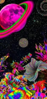 Vivid psychedelic wallpaper with planets and colorful flowers.