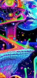 Psychedelic cosmic art with vibrant colors and surreal design.