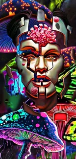 A futuristic cyber face with neon mushrooms in a vibrant, surreal art wallpaper.