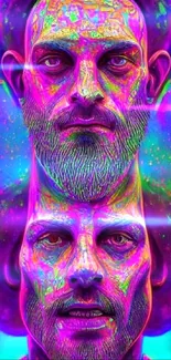 Psychedelic double face art with vibrant neon colors on a mobile wallpaper.