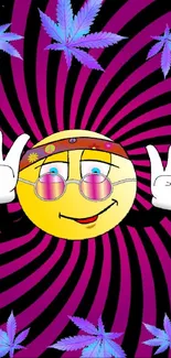 Psychedelic emoji with peace signs on a vibrant background.