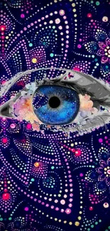 Vibrant eye with psychedelic patterns in a cosmic theme wallpaper.