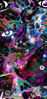 Abstract psychedelic wallpaper with eyes and vivid colors.