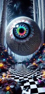 Psychedelic landscape with giant colorful eyeball and checkered path.