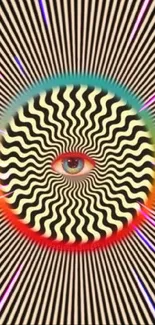 Psychedelic eye in a vibrant hypnotic pattern wallpaper.