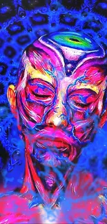 Psychedelic art with vibrant face and vivid blue background.