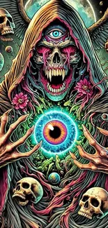 Surreal psychedelic wallpaper with vibrant colors and skull motifs.