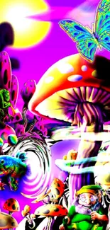 Colorful surreal wallpaper with mushrooms, butterfly, and mystical creatures.