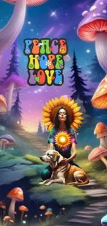 Psychedelic forest scene with mushrooms and peace sign.