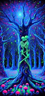 Psychedelic forest scene with neon skeletons.