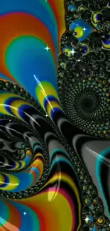 Colorful psychedelic fractal art with black, blue, and orange swirls.