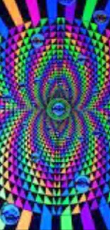 Psychedelic geometric wallpaper with vibrant colors and optic illusion.