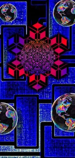 Psychedelic geometric design with colorful globes in blue background.