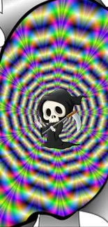 Cartoon Grim Reaper with psychedelic rainbow background.