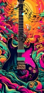 Colorful psychedelic guitar art with musical notes in vibrant swirls.
