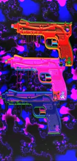 Neon-colored psychedelic guns on abstract background